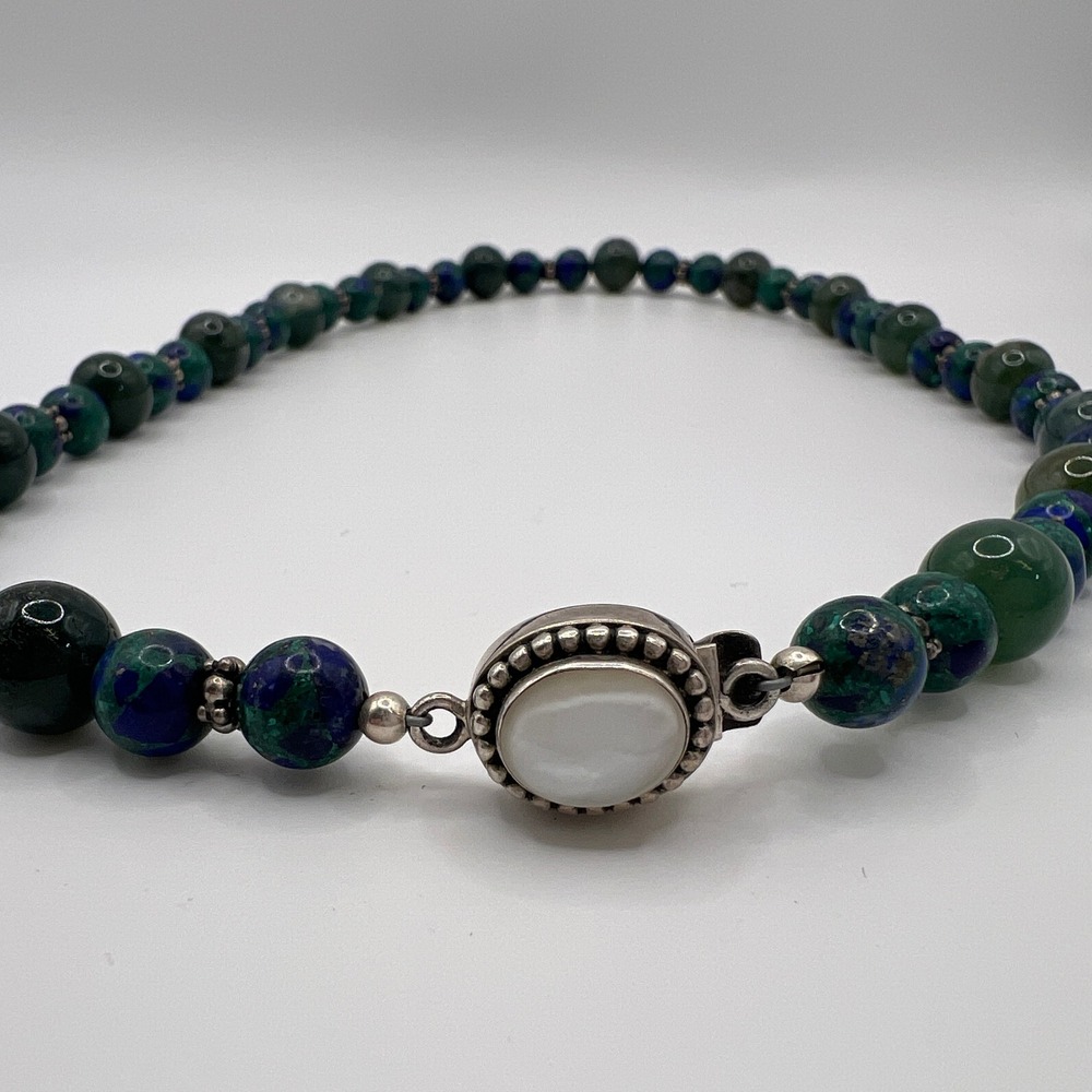 VTG 925 Sterling Azurite Malachite Moss Agate Mother of Pearl Beaded Necklace - Picture 2 of 13